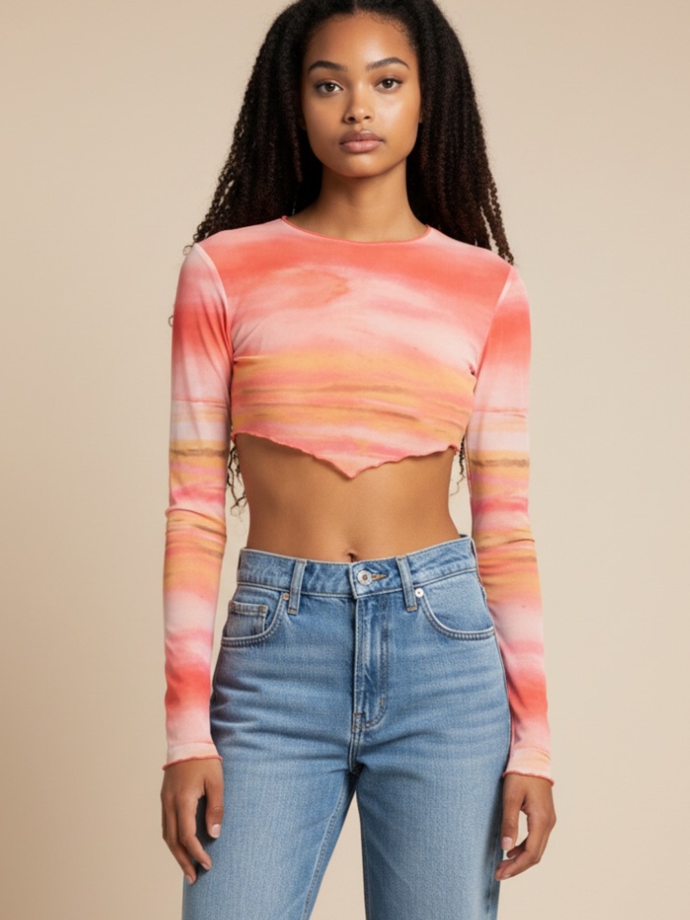 Superdown Miley Ombre Crop Top Orange sheer mesh fabric sunset print size small